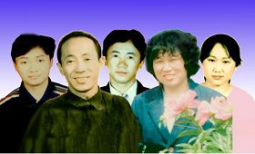 從左至右：二兒彭敏、父親彭惟聖、大兒彭亮、母親李瑩秀、女兒彭燕
