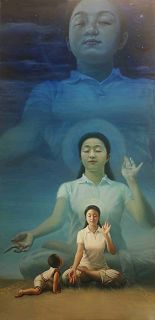 第三屆「全世界華人人物寫實油畫大賽」獲金獎的畫作《眼裏的媽媽（又名純淨入仙境）》（作者：美國畫家陳肖平）。