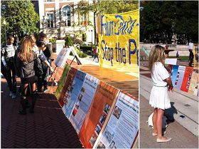 左：哥倫比亞學生在「甚麼是法輪功」的展板前認真閱讀，右：現場學法輪功