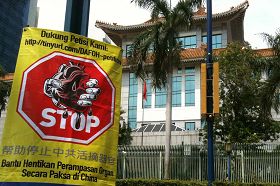 '法輪功學員在雅加達中使館前掛出橫幅，譴責中共活摘器官'