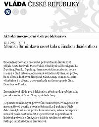 '捷克政府人權專員莫妮卡﹒西蒙科娃在政府網站上關於接見法輪功學員呂適平女士的新聞公布'