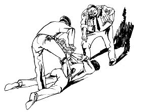 酷刑示意圖：蘇秦背劍：把人的雙手臂背在後面用手銬銬住，惡警抓住鐵鏈踩住法輪功學員後背，用力往上拽，痛苦至極。
