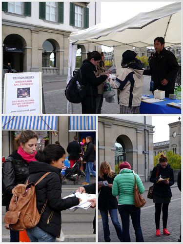 在蘇黎世旅遊景點利馬特河畔很多遊客在簽名後還向法輪功學員了解更多的訊息