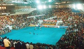 '一九九八年在廣州天河體育館召開的心得交流會，有上萬名法輪功學員參加'