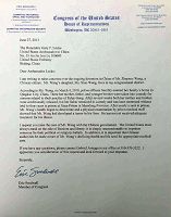 '美國國會眾議員艾瑞克﹒史瓦維爾致美國駐華大使駱家輝的信'