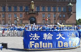 '二零一三年七月二十日，歐洲法輪功學員在丹麥哥本哈根議會廣場舉行反迫害集會'