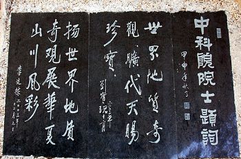 中國科學院李延棟等兩位院士現場對「亡共石」進行科學鑑定後親筆題詞。（網絡圖片）
