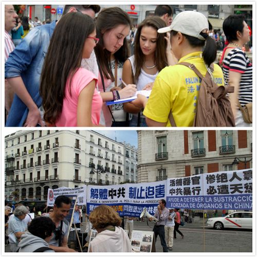 歐洲多個國家的法輪功學員馬德裏集會，向來自世界各地的遊人和民眾展示法輪功功法，徵集簽名反對活體摘取法輪功學員器官