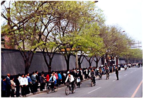 1999年4月25日數萬名法輪功學員紛紛來到中南海附近的中央信訪辦上訪，員警指揮學員站到指定地點，大部份學員都在安靜讀書，整個過程秩序良好，城市交通井然。