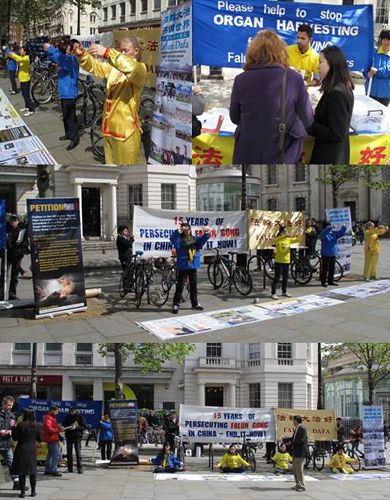 紀念「四•二五」，英國法輪功學員在倫敦市中心開展和平理性講真相、反迫害活動。