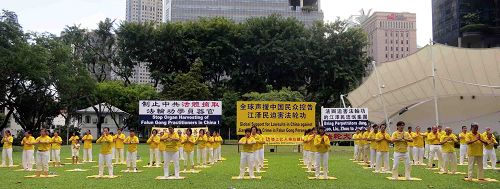 圖1-2：新加坡法輪功學員在芳林公園集體煉功，傳播真相。
