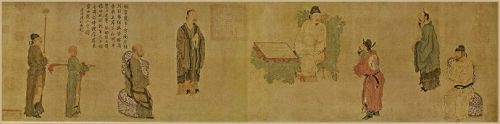 圖1：周文矩所畫《明皇會棋圖》描繪的是唐明皇下棋。畫上，被賜座的只有一位高僧和一位大臣，其他人都站立，表現了皇帝對高僧的敬重、和古代社會信神敬佛的社會常態。