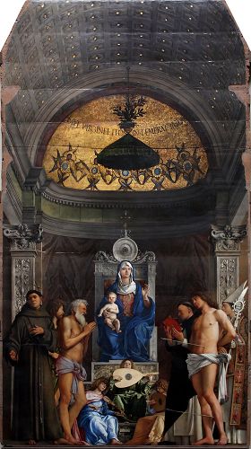 喬瓦尼﹒貝利尼 《聖約伯教堂裝飾屏》（Retable de san Giobbe）。畫家合理地以明暗組織畫面，使用明暗對照法在二維的平面上形成了三維景深的空間感和人物立體的美感。
