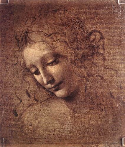 '圖例：達﹒芬奇的未完成作品《頭髮散亂的女子頭象》（《Jeune fille décoiffée》），24.7×21釐米，作於1508年。在棕褐色的透明底層上，畫家把不透明的鉛白塗在畫像的亮部，並通過調整鉛白的厚薄、利用對下層顏色不同程度的覆蓋得到不同色階的淺色，用來塑造形體。這種技法叫作「提白」。假如畫家繼續深入作畫，等這一層畫完並乾燥後，用樹脂油調合具有較高透明度的色料很薄地畫在已有的提白色層上，透過薄薄的透明色能讓人看到下層，就叫做「罩染」。（當然這裏只是簡單地介紹「提白」與「罩染」的基本概念，以方便非美術專業的讀者理解本文。）'
