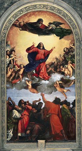 '圖例：威尼斯畫派代表畫家提香的《聖母升天》（《L'Assomption de la Vierge》），木板油畫，690×360釐米，作於1516年─1518年。由於畫家優秀的底層提白技法，這幅名畫雖然歷經五個世紀的滄桑，但仍然呈現出明亮鮮豔的色彩效果。'
