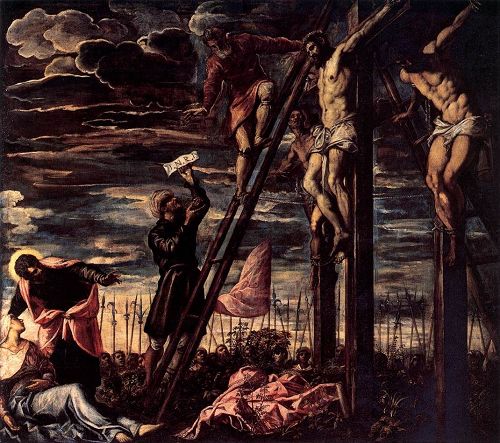 '圖例：丁托萊托（Tintoretto）的《上十字架》（《Crucifixion》），布面油畫，371×341釐米，作於 1568年。由於畫家疏忽了底層的提白，隨著時間的推移，油畫顏料老化後逐漸失去覆蓋力，使深色的土紅底子慢慢透出，導致他的作品嚴重變黑。'