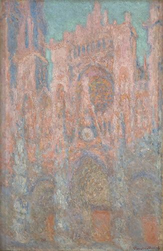 '圖例：印象派代表畫家莫奈（Claude Monet）的《魯昂大教堂》（La Cathédrale de Rouen），布面油畫，100×65釐米，作於1893年。作者想要表現陽光照射下大教堂的顫動光色，但由於背棄了傳統的油畫技法，不但畫面顯得嚴重發灰，而且現在整幅畫已布滿裂痕。'