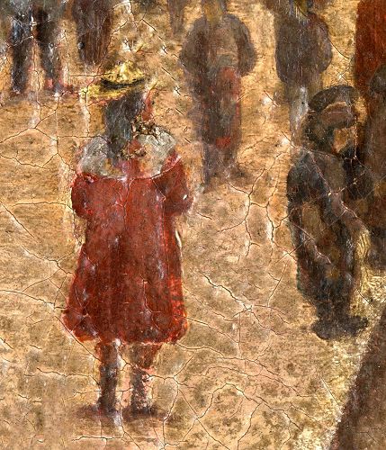 '圖例：印象派油畫《布裏昂松市大雨漏街的活躍街景》（Vue de Briançon avec une vue animée de la rue de la Grande Gargouille）局部。此畫作於1870年左右，作者不詳。可以看到畫面因技法不合理已經嚴重變色開裂。'