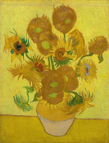 '圖例：梵高的《向日葵》（Les Tournesols），布面油畫，93×72釐米，作於1889年。此畫雖然在博物館恆溫恆濕的條件下享受一流的保護和專家維護，但向日葵的顏色還是從最初的亮黃色變成了現在略微偏綠的棕色，在今年三月經過博物館專家組暫時性修復。'