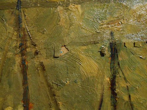'圖例：特瓦茲克（Henryk Francis Twardzik）的《格洛斯特海景》（Gloucester harbor view）局部，布面油畫，作於1928年。由於作者不注重材料與技法，導致油畫在完成幾十年後就已開裂並局部脫落，顏料脫落處露出了下面的畫布。'