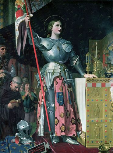 '圖例：新古典主義畫派代表畫家安格爾的《查理七世加冕禮上的聖女貞德》（Jeanne d'Arc au sacre du roi Charles VII），布面油畫，240×178釐米，作於1851年─1854年。畫家一生致力於對古典藝術的研究，不斷學習前人的經驗，堅守古典油畫的風格與技法，反對通過筆法技巧表現自我，因此下筆毫無斧鑿之痕，造型手法精妙嚴謹。'