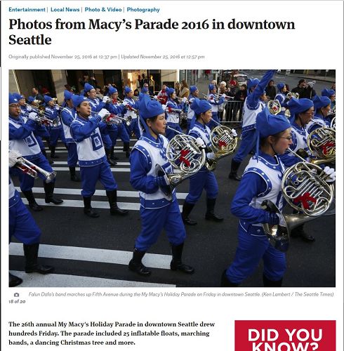 '圖6：西雅圖最大報紙《西雅圖時報》在當天遊行的報導中，刊登了天國樂團的照片。'