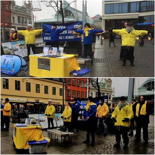 '圖1：瑞典哥德堡的學員們在市中心舉辦弘法活動，圖為學員們在集體煉功'