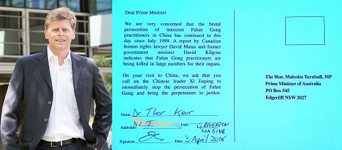 綠黨候選人索•科爾博士（Dr Thor Kerr）在「明信片」上簽名支持反迫害