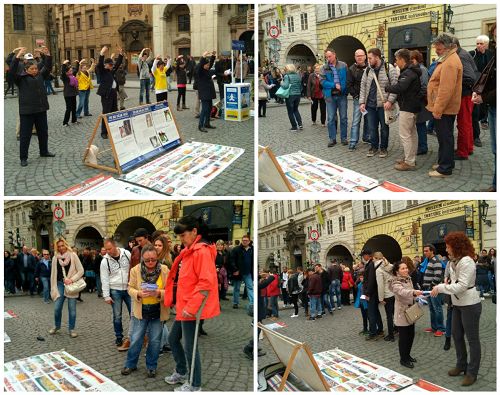 紀念四二五，捷克部份法輪功學員在布拉格查理大橋旅遊景點舉辦講真相活動。吸引一批批遊客了解真相。