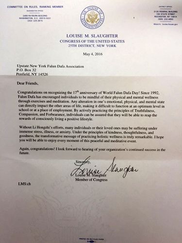 圖10：紐約州第二十五選區國會議員Louise Slaughter為「世界法輪大法日」發來賀信