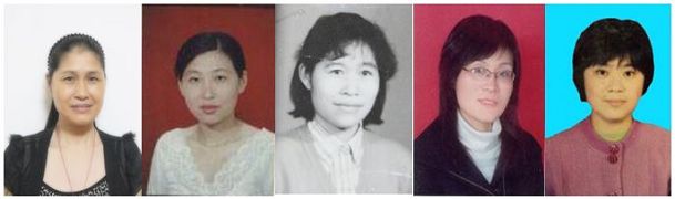 目前被劫持在江西省女子監獄的部份法輪功學員江蘭英、陳小娟、熊泉妹、付金鳳、紀淑君（從左往右）