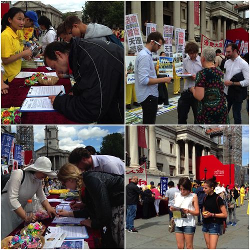 二零一六年七月十六日，倫敦法輪功學員舉行系列講真相反迫害活動，民眾踴躍簽名反活摘、反迫害
