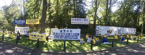 '圖1、2：法輪功學員在中國駐荷蘭海牙領事館前聲援王治文'