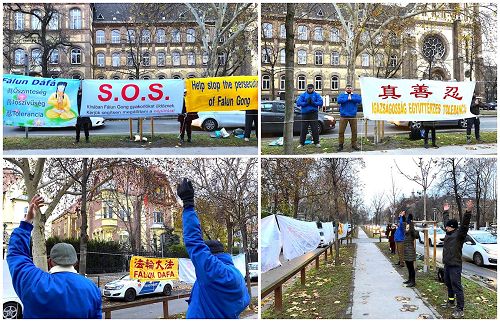 '匈牙利部份法輪功學員聚集在中國大使館前和平抗議，要求停止在中國對法輪功的殘酷迫害。'