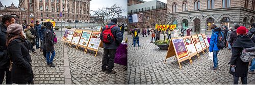 在斯德哥爾摩最熱鬧的皇宮旁的錢幣廣場（Mynttorget）上，民眾觀看真相展板，了解真相。