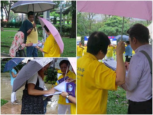 '圖3～4：二零一七年四月十八日，新加坡法輪功學員在芳林公園舉辦活動，紀念「四﹒二五」和平上訪十八週年。圖為經過活動現場的各族裔民眾，在了解真相後紛紛簽名，呼籲制止中共活摘法輪功學員器官的暴行。'