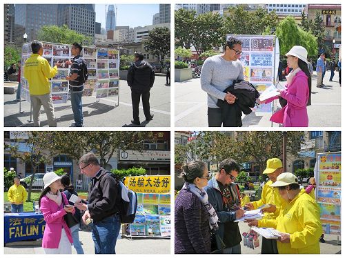 '圖7～8：二零一七年四月二十二日和二十三日，舊金山灣區的法輪功學員在舊金山的中國城和多個公園和旅遊景點，向當地民眾和遊客講述法輪功的真相。'