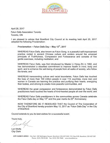 Brantford市宣布5月13日為法輪大法日褒獎
