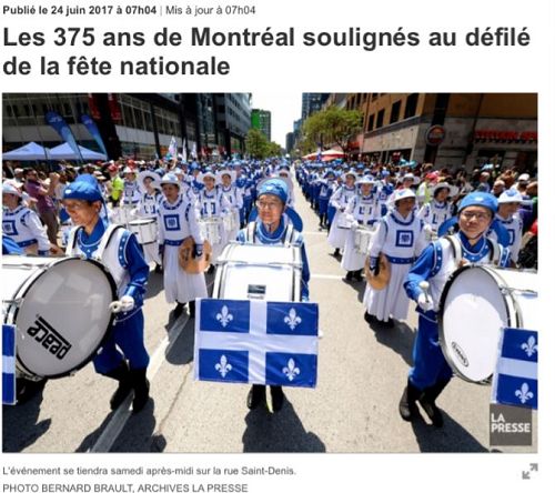 '圖1：蒙特利爾最大的法文報《LA-PERSSE》頭版刊登法輪大法天國樂團的照片，預告魁北克省慶日遊行'