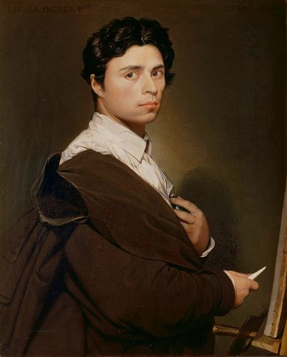 這幅是法國畫家安格爾（Jean-Auguste-Dominique Ingres）24歲時的自畫像（Autoportrait at age 24），布面油畫，77 x 64 釐米，作於1804年。且不談現在中國美術院校裏二十來歲的學畫者，就是很多畫了一輩子油畫的老師、教授也還在把人物肖像畫成一塊一塊的。儘管此畫並非安格爾成熟時期風格圓潤的作品，但他這幅早年的自畫像也足以告訴學畫者如何正確表達結構以及不同部位微妙的色彩變化。（來源：維基百科）