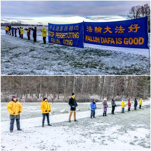 圖1：二零一八年十一月二十四日上午九點，瑞典部份法輪功學員頂著雪來到中國駐瑞典大使館前和平請願，呼籲制止迫害。