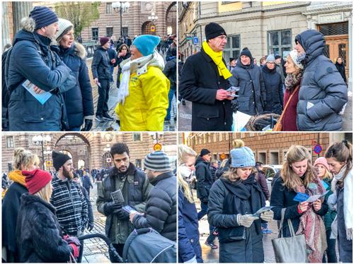 圖3：當天中午，學員們又來到斯德哥爾摩市中心皇宮旁最熱鬧的錢幣廣場上，繼續向當地民眾講述法輪功真相。