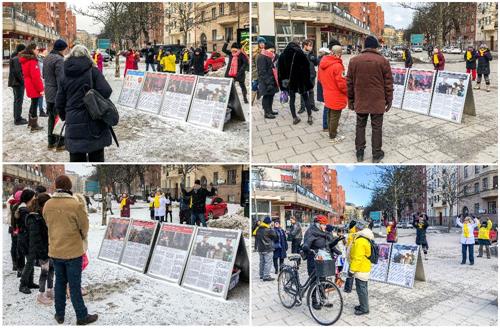 '斯德哥爾摩市中心，人們站在真相展板前仔細閱讀並觀看法輪功學員祥和的煉功場面。'