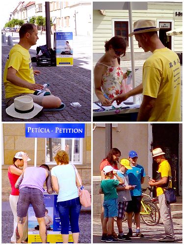 圖1：二零一八年六月二日，斯洛伐克法輪功學員在Trnava市中心設立真相點，向民眾傳播真相。了解真相的民眾簽民支持制止迫害。