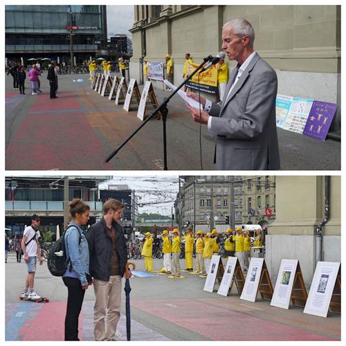 '圖3：當天下午，法輪功學員來到了火車站廣場設立真相展板，有的演示功法，有的徵集制止迫害的簽名，許多民眾駐足了解。'