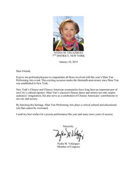 圖4：國會眾議員維樂貴絲（Nydia M. Velazquez）給2019紐約神韻演出的賀函。