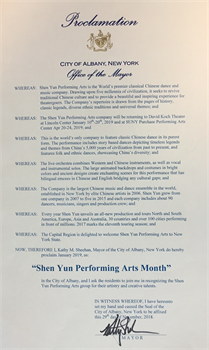 圖12：紐約州府奧本尼（Albany）市長斯涵（Kathy M. Sheehan）給2019紐約神韻演出的賀函。