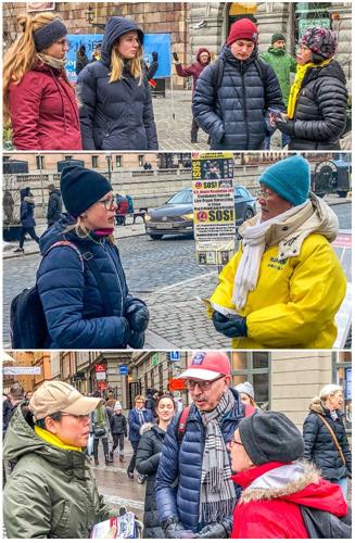 '圖1～3：在瑞典首都斯德哥爾摩通往老城、最熱鬧皇宮旁的錢幣廣場上法輪功學員們的真相展位吸引眾多遊客了解真相'