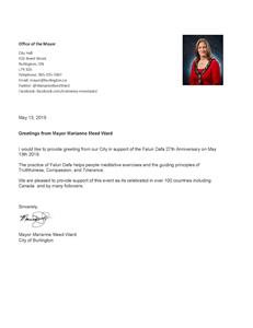 '圖27：伯靈頓市（Burlington）市長瑪麗安娜‧米德‧沃德（Marianne Meed Ward）發來的賀信'