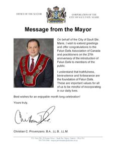 '圖37：蘇聖瑪麗市（Sault Ste. Marie）市長克里斯蒂安‧普羅文薩諾（Christian C. Provenzano）發來的賀信'